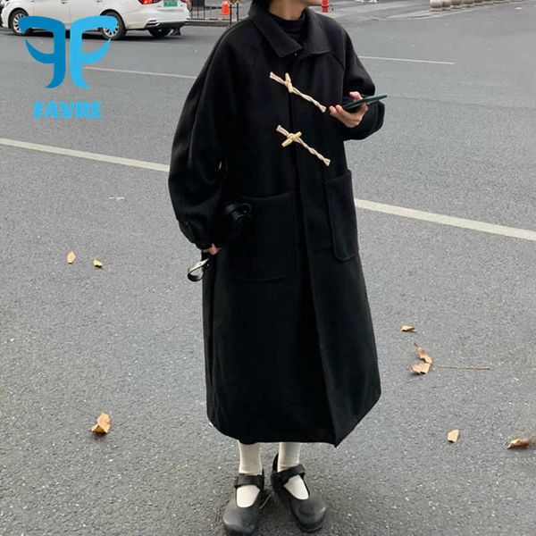 

women's wool & blends favre black wool-blend coat mid-length korean loose horn buttoned woolen coats jacket autumn women oversized over