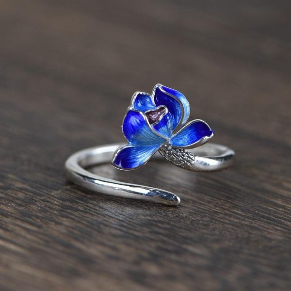 

real 925 sterling silver lotus open rings for women enameling flower finger ring resizable fine jewelry cluster, Golden;silver