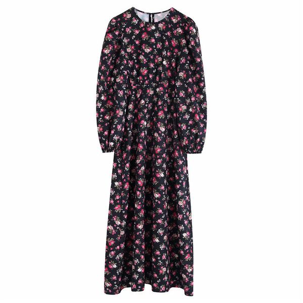 

evfer women elegant flower print za sprint midi dresses female fashion o-neck long sleeve high waist black dress chic 210421, Black;gray