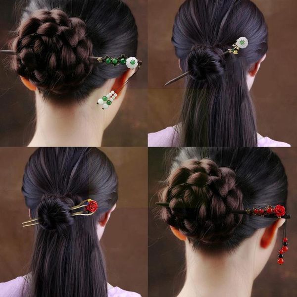 

hair accessories vintage wood flower hairpin for women antique stick girl clip costume chinese c2q9, Slivery;white