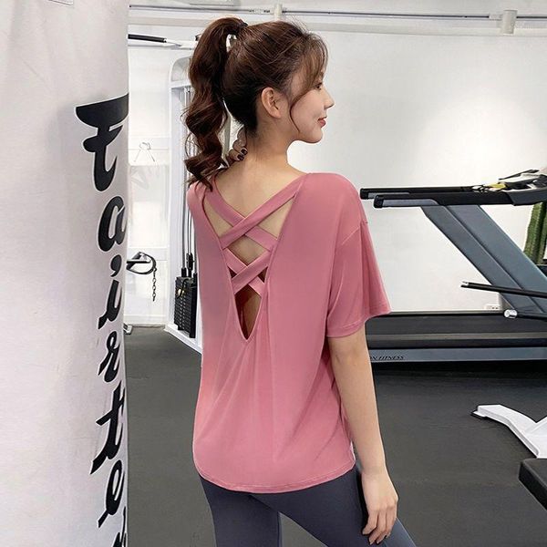 

yoga outfit woman t-shirts sports summer loose covering meat slim cross back short-sleeved quick-drying running fitness wear