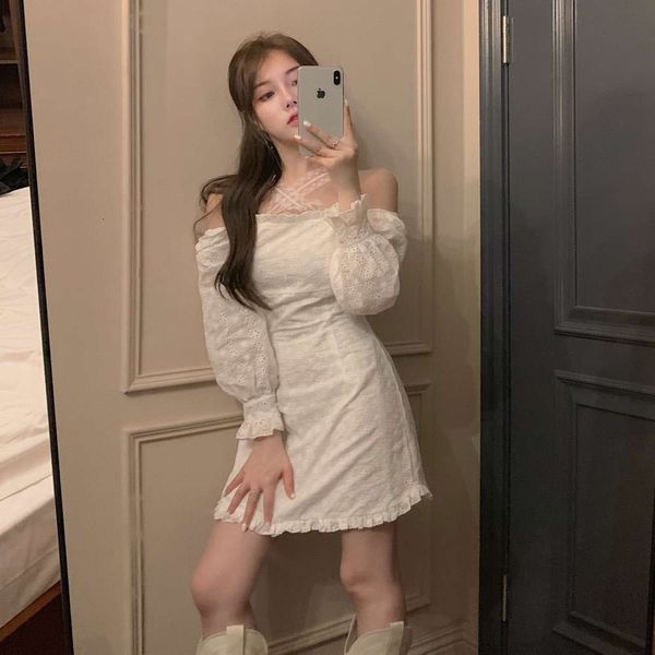 

party dresses one line shoulder dress women 2021 french pure desire style lace neck summer temperament white skirt crl8, White;black