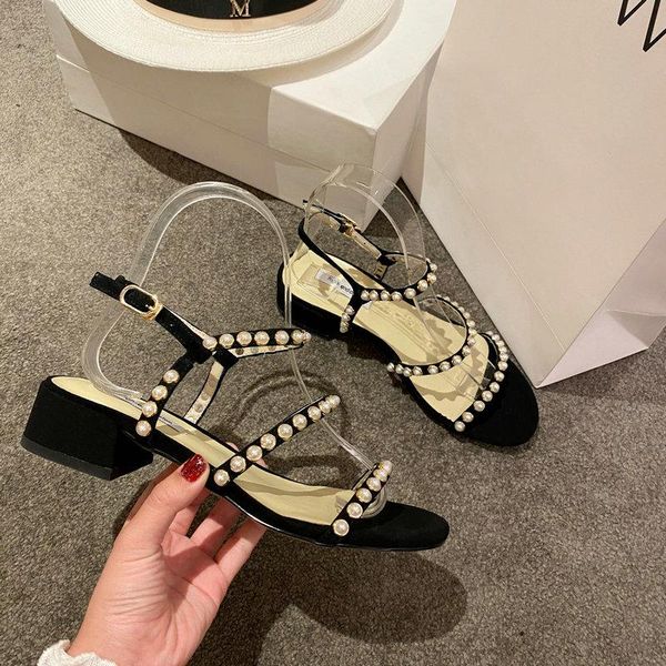 

casual suede leather solid ladies sandals fashion buckle strap square heel shoes basic high women, Black