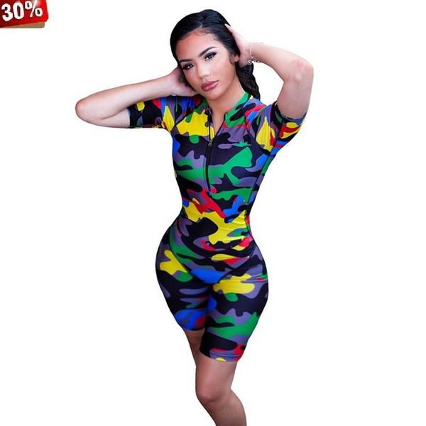 

women's jumpsuits & rompers women biker shorts salopette camouflage femme neon green playsuit plus size romper zipper v neck short slee, Black;white
