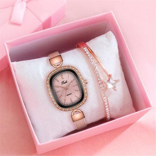 

wristwatches tadi brand women fashion oval bracelet watch set luxury leather ladies rhinestone quartz for drop clock, Slivery;brown