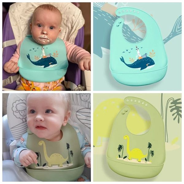 

2021 cute baby bibs waterproof silicone bib infant toddler feeding saliva towel cartoon adjustable children apron with pocket