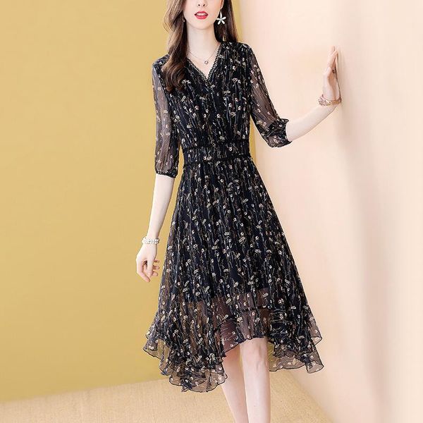 

women black print dress chiffon irregular hem lace v neck high waist cool printed slim party vestidos autumn 2021 casual dresses, Black;gray