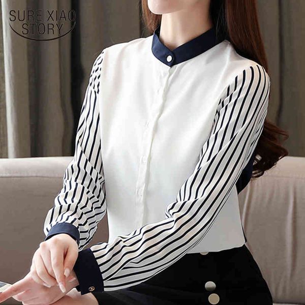 

office lady long-sleeve korean striped blouse autumn stand collar shirt women plus size chiffon ladies 10751 210415, White