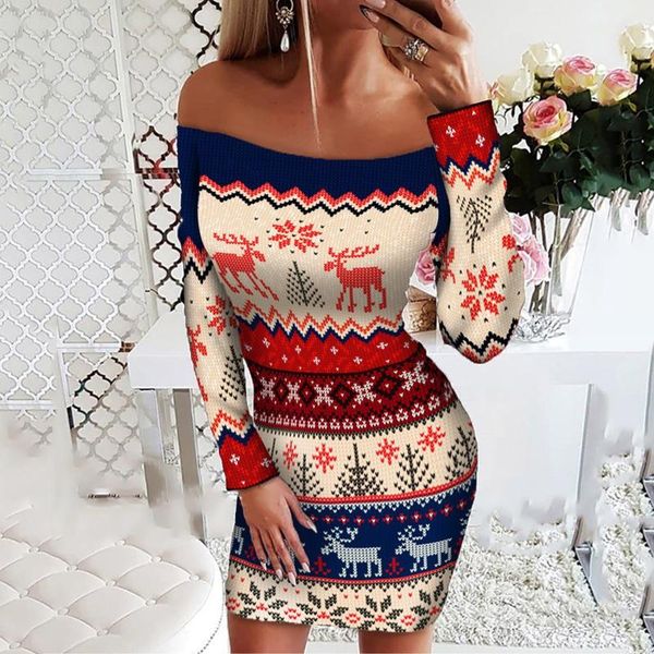 

casual dresses christmas knitted dress women fashion elegant elk snowflake print bodycon mini 2021 sweater festival clothing, Black;gray