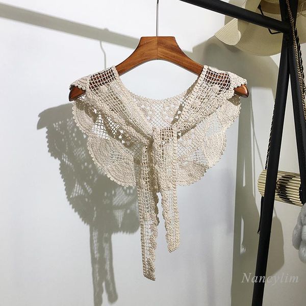 

women's knits & tees hollow-out small shawl cape for women summer korean style sleeveless waistcoat knotted scarf crocheted college, White