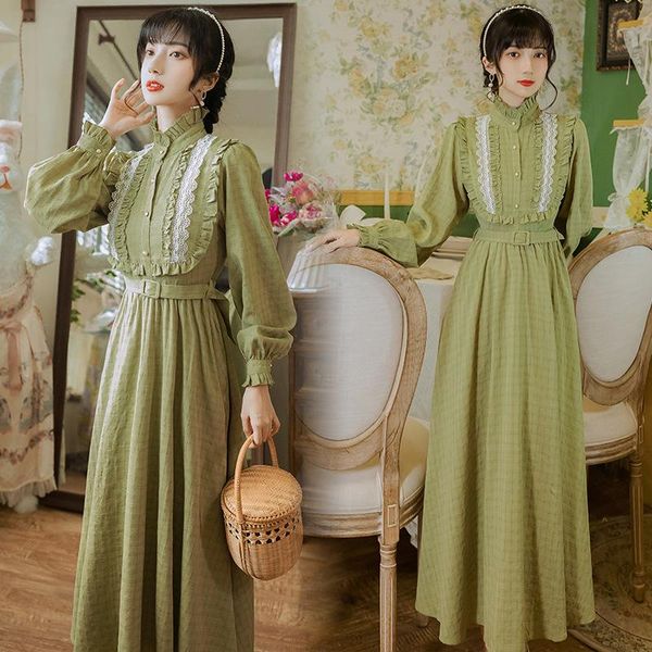 

casual dresses forest mori girl retro bean green pleated lace slim waist long sleeve maxi for women vestidos largos verano para mujer, Black;gray