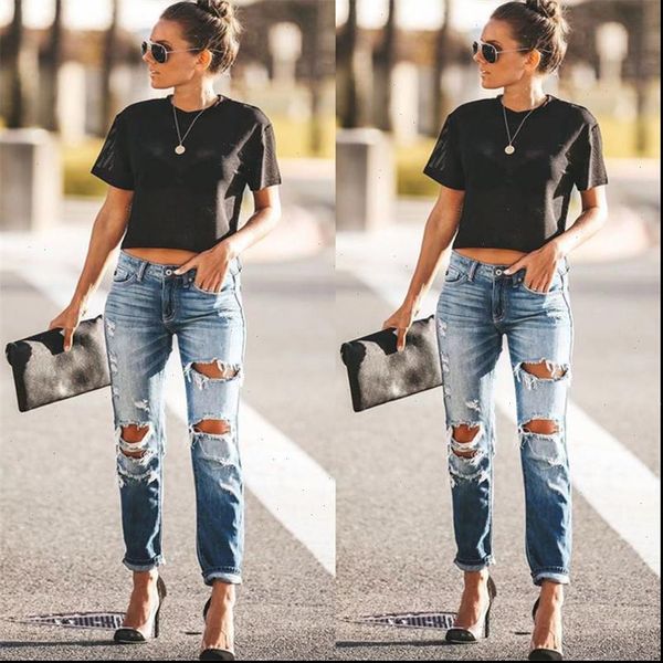 

spring womens jean fashion hole ripped jeans women destroyed cool denim mid waist skinny pants summer slim pencil trousers, Blue