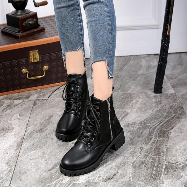 

boots womens ankle solid leather lace up women black round toe shoes outdoor pu winter female 7o8r