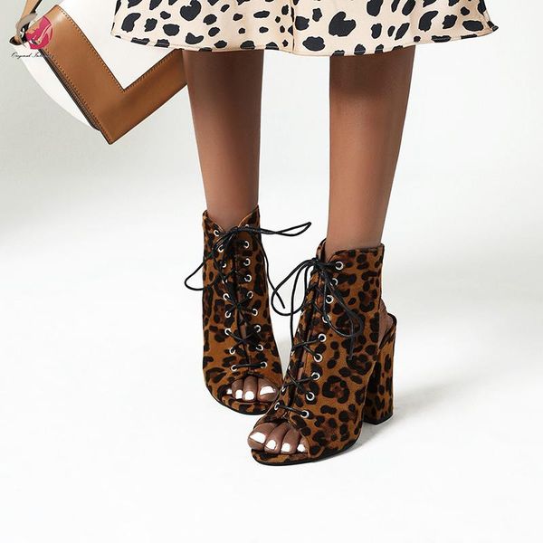 

original intention fashion ankle sandals woman leopard open toe square high heels dress party shoes female plus size, Black
