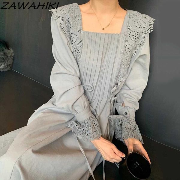 

casual dresses zawahiki solid korean retro elegant square collar drawstring hollow out lace stitching pleated high waist flared sleeve dress, Black;gray