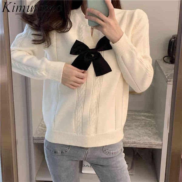 

kimutomo simple gentle bow knitted sweater women korean style spring female o-neck long sleeve pullover elegant knitting 210521, White;black