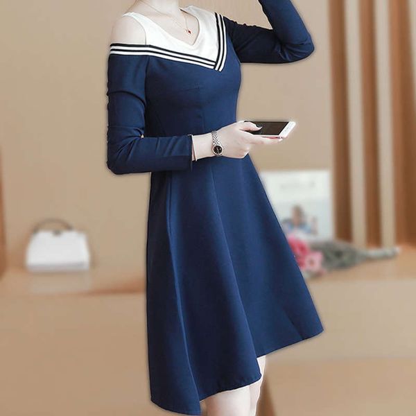 

casual of style dresses fall long sleeve slim fit light mature off shoulder dress high waist a-line skirt, Black;gray