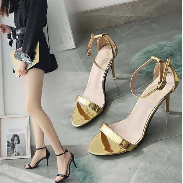 

summer women's sandals thin high heels ladies shoes buckle strap female footwear comfort solid woman pu leather 2021 plus size dress, Black
