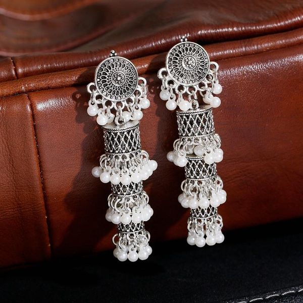 

dangle & chandelier vintage silver color long alloy bollywood oxidized earrings hangers women's retro ethnic pearl tassel jhumka