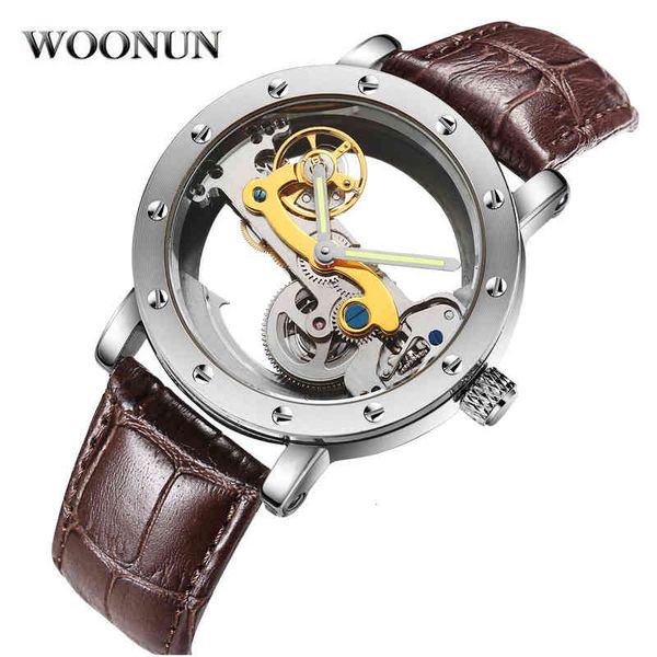 

band luxury leather brand woonun transparent dial golden case gentlemen clocks automatic mechanical clock men, Slivery;brown