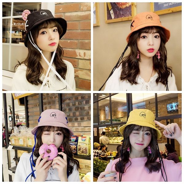 

female spring and summer big brim sunshade fashion flat long belt fisherman's cartoon graffiti basin hat