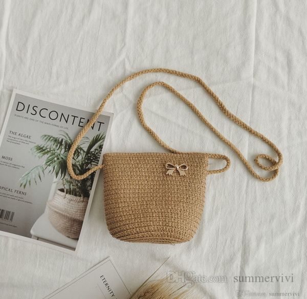 

kids grass weaving purse girls metals bows applique single shoulder bag summer children beach holiday messenger bags q4515, White