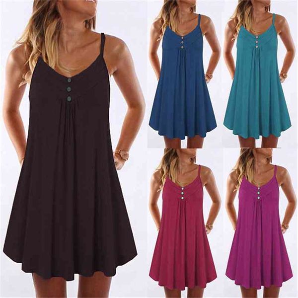 Plus Size Mulheres Long Camiseta Vestido Botão Casual Solto Beach Curto Es Sexe Sexy Spaghetti Strap Mini Black Vestidos 210522