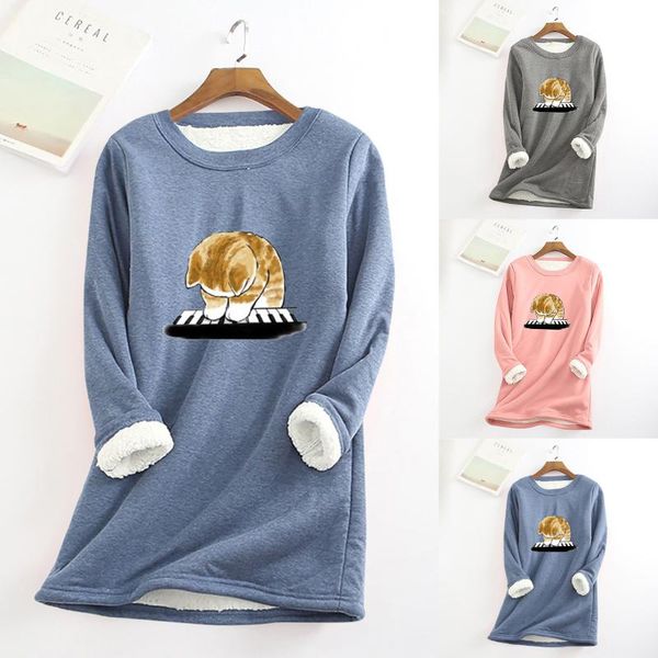 

women's hoodies & sweatshirts autumn women warm printed t-shirt thick fleece printing sweatshirt o-neck long sleeve ladies pullover na, Black