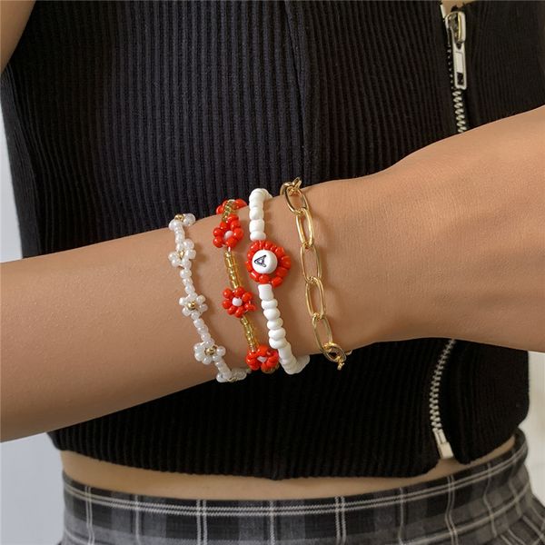 

european red daisy rice beaded strands bracelets women retro acrylic letter flower chain multi layer party gift hollow bracelet jewelry sets, Black