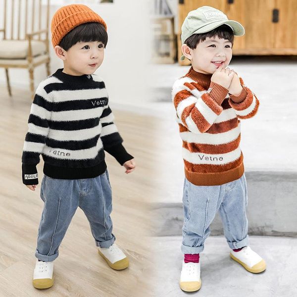 

kids boys letter sweater with stripes patchwork black white striped knit wool cashmere knitting pullover sweaters 2021 cardigan, Blue