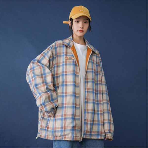 

women's jackets women jacket plaid loose autumn coat wear on both sides hoodies for female outwear t576, Black;brown