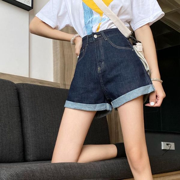 

summer high waist denim shorts women casual loose ladies fashion roll up hem elastic pocket blue jeans female women's, White;black