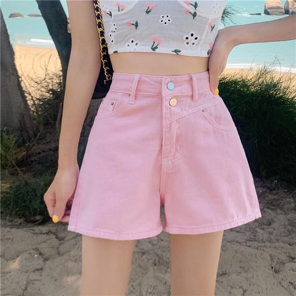

women's jeans summer pink high waist wild loose straight wide leg shorts, Blue