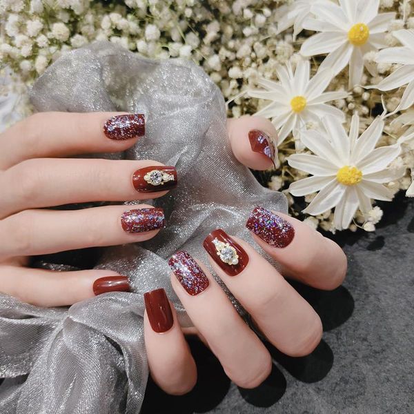 

false nails 24pcs red wine nail patch glue type removable short paragraph fashion manicure save time fa, Red;gold