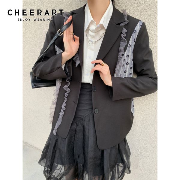 

black patchwork blazer women ruffle floral blazers and jackets designer coat ladies suit jacket fashion clothes 210427, White;black