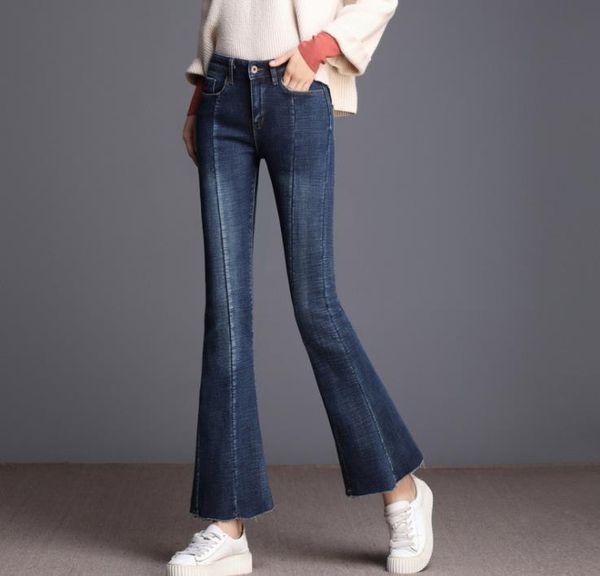 

women's jeans plus velvet 2021 winter high waist micro horn blue