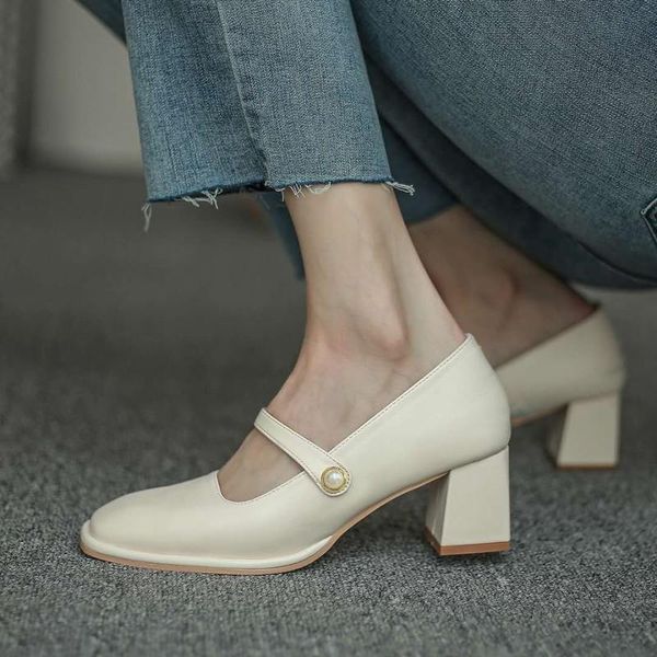 

fashion women shoes square toe mary janes heel dress pearl buckle pumps high heels office shoe, Black