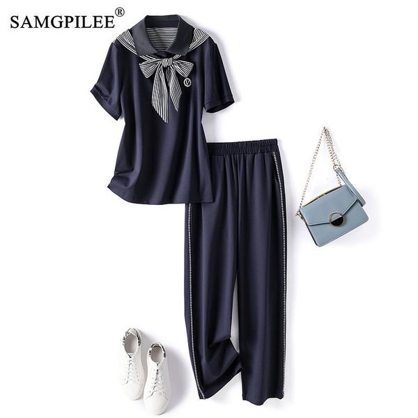 

women's two piece pants sets summer 2021 fashion short sleeve casual collar elastic waist ankle-length striped set for women, White