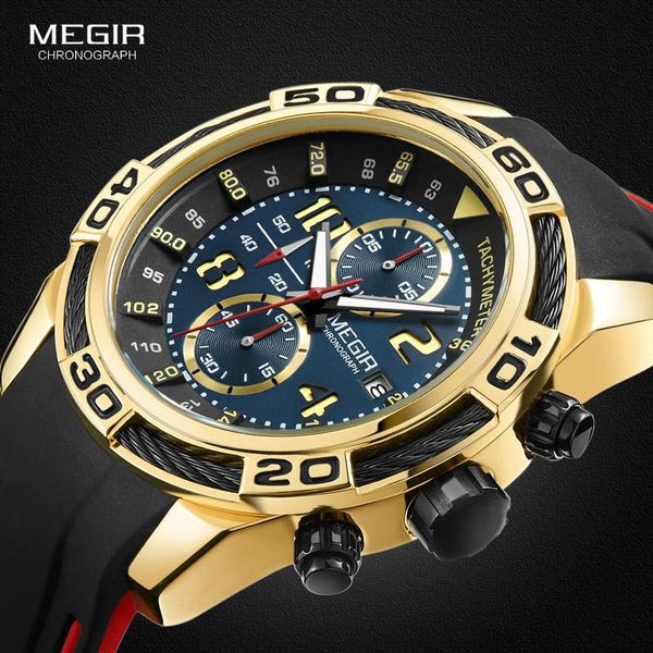 

wristwatches megir sports watch men chronograph quartz wrist watches silicone bracelet military relogio masculino clock 204, Slivery;brown