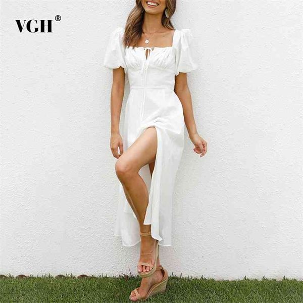 Branco elegante lateral vestido split para mulheres colarinho quadrado sopro manga curta lace up bowknot maxi vestidos verão feminino 210531