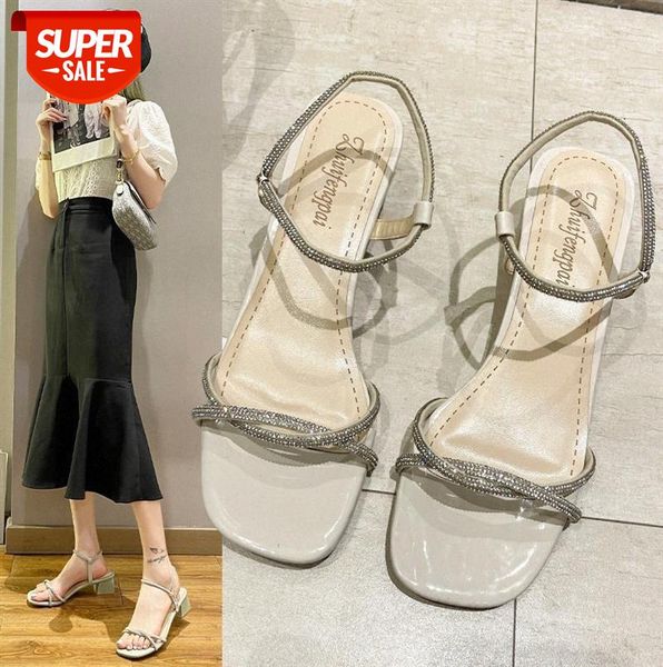 

rhinestone sandals women's fashion straps fairy style thick heel shoes #259d, Black