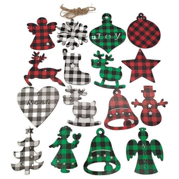 Vermelho Grade Preto Decoração de Natal Decoração Madeira Chip Artesanato Floco de Newflake Meia Xmas Pingente Festa DIY Ano Novo Ornamentação