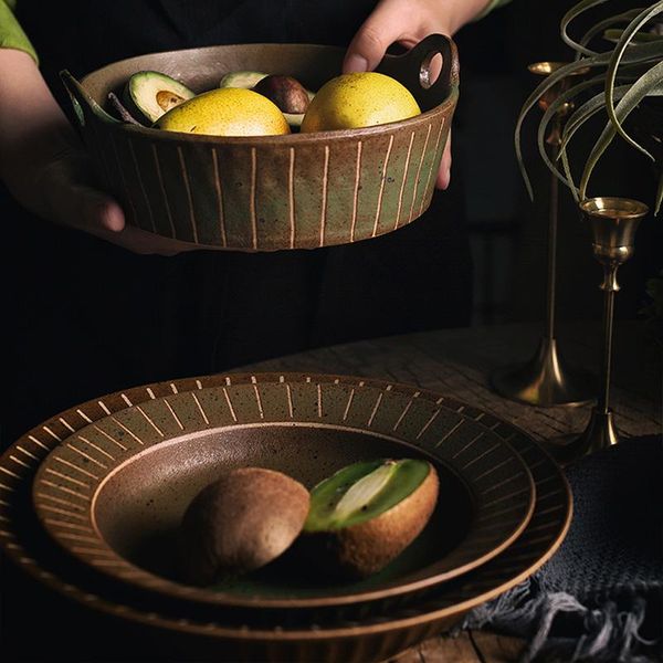 

dishes & plates mori dark green stoare vintage tableware japanese style literary retro dinner plate fruit bowl set creative ceramics
