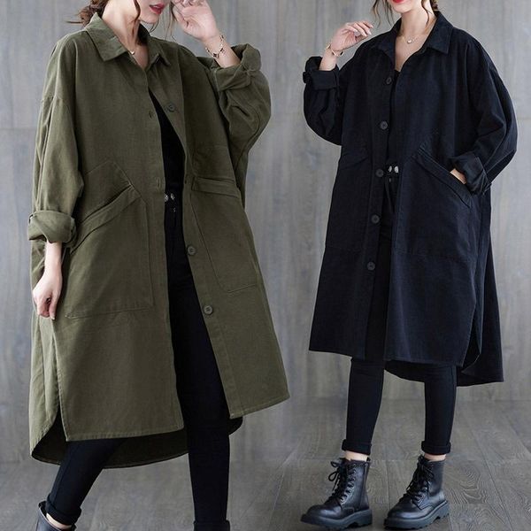 

women's trench coats oshoplive 2021 autumn&winter literary loose large lapel midi coat for women simple color korean, Tan;black