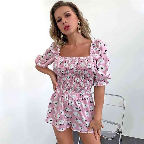 

square collar floral print beach boho playsuit romper women short sleeve casual fashion playsuits overalls rompers 210427, Black;white