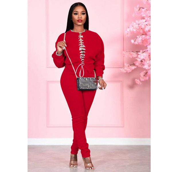 

casual two piece women's set bandage lace up stitch sweatshirt + long pants tracksuit sportsuit streetwear clothes ladies outfit 210517, White