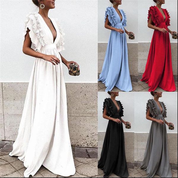 

womens ruffles women dresses flying sleeve party long dress solid color formal lady deep v neck high waist backless wedding, Black;gray