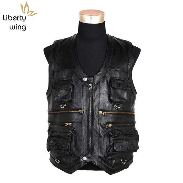 

men's vests arrival autumn waistcoat genuine reporters suit multi pocket men cow leather outwear size, Black;white