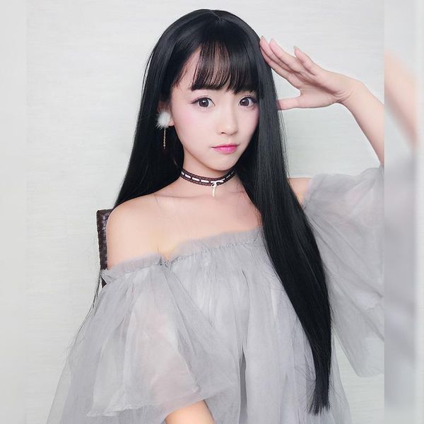 

wig womens long straight hair air bangs natural realistic smooth mid-length hairstyle full-head, Black