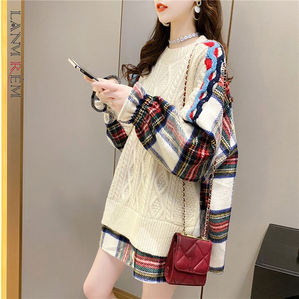 

plaid knitted sweater for women 2021 autumn winter new loose thickened color block pullover female fashion outwear 2c723, White;black